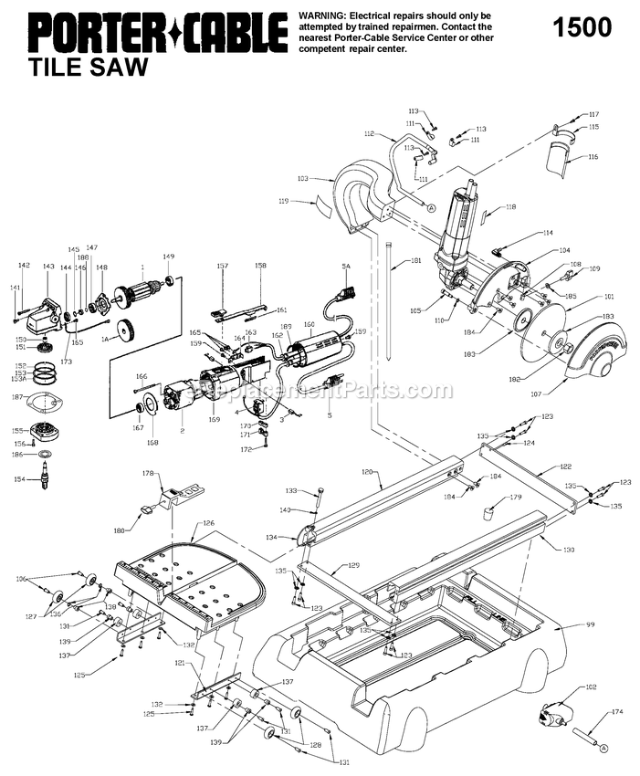Page A Diagram and Parts List for 1500 Type 1 Porter Cable Table Saw Accessories